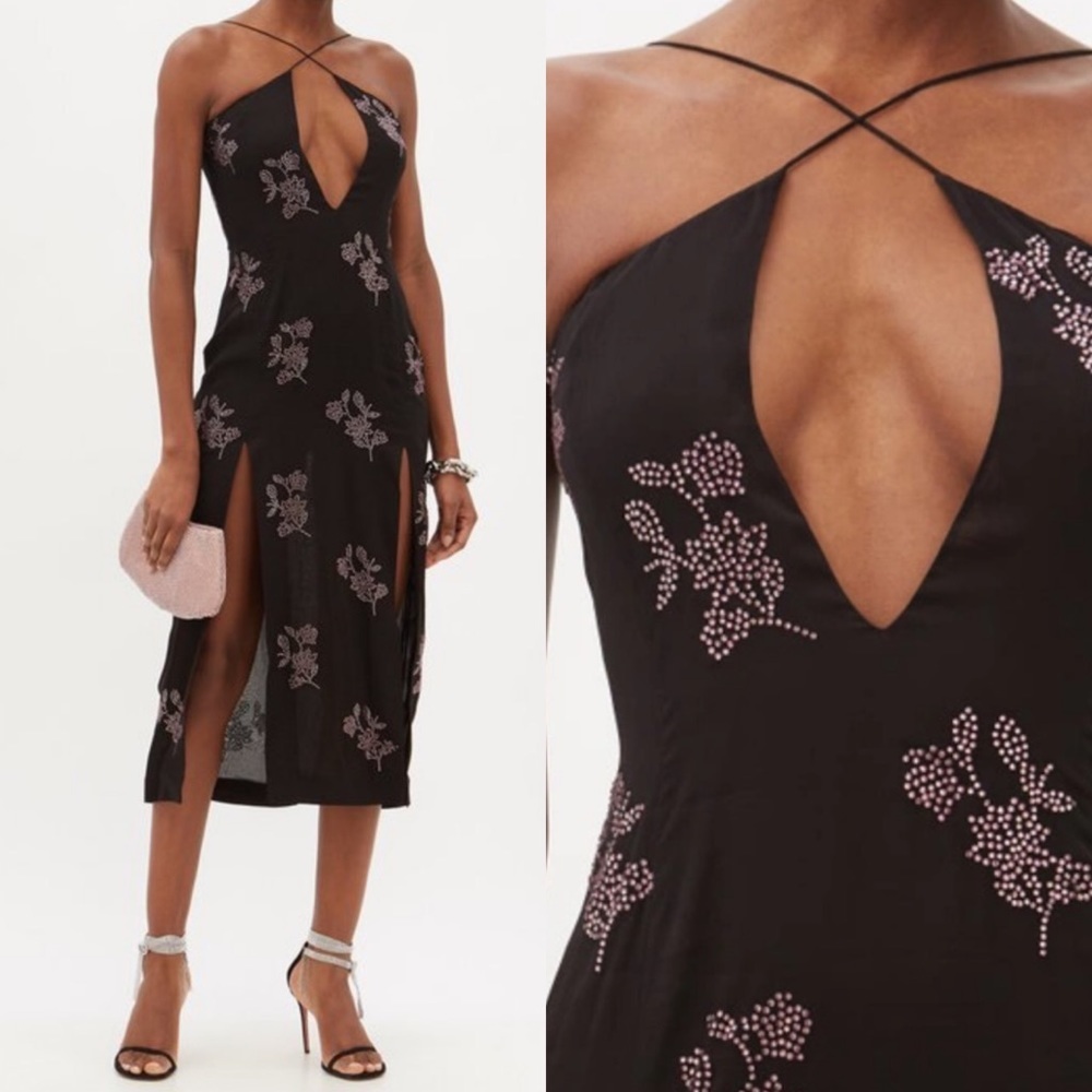 16Arlington Jaishi V-Neck Crystal-Embellished Midi Dress Black Pink size 6 NWT!